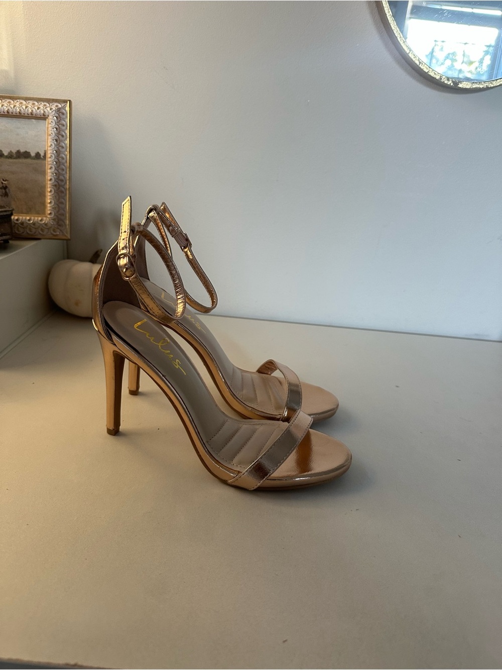 Lulu's Metallic Rose Gold Ankle-Strap Stiletto Sandals